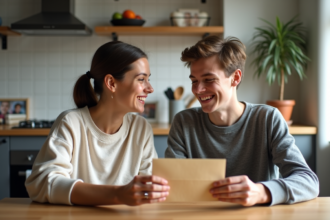 Mère et fils souriant à la cuisine chaleureuse