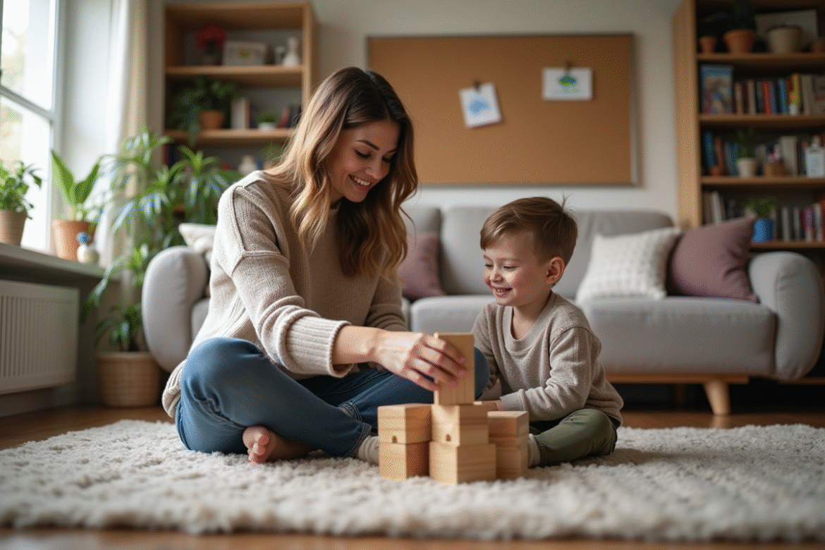 Maman et son enfant jouent avec des blocs en bois dans le salon