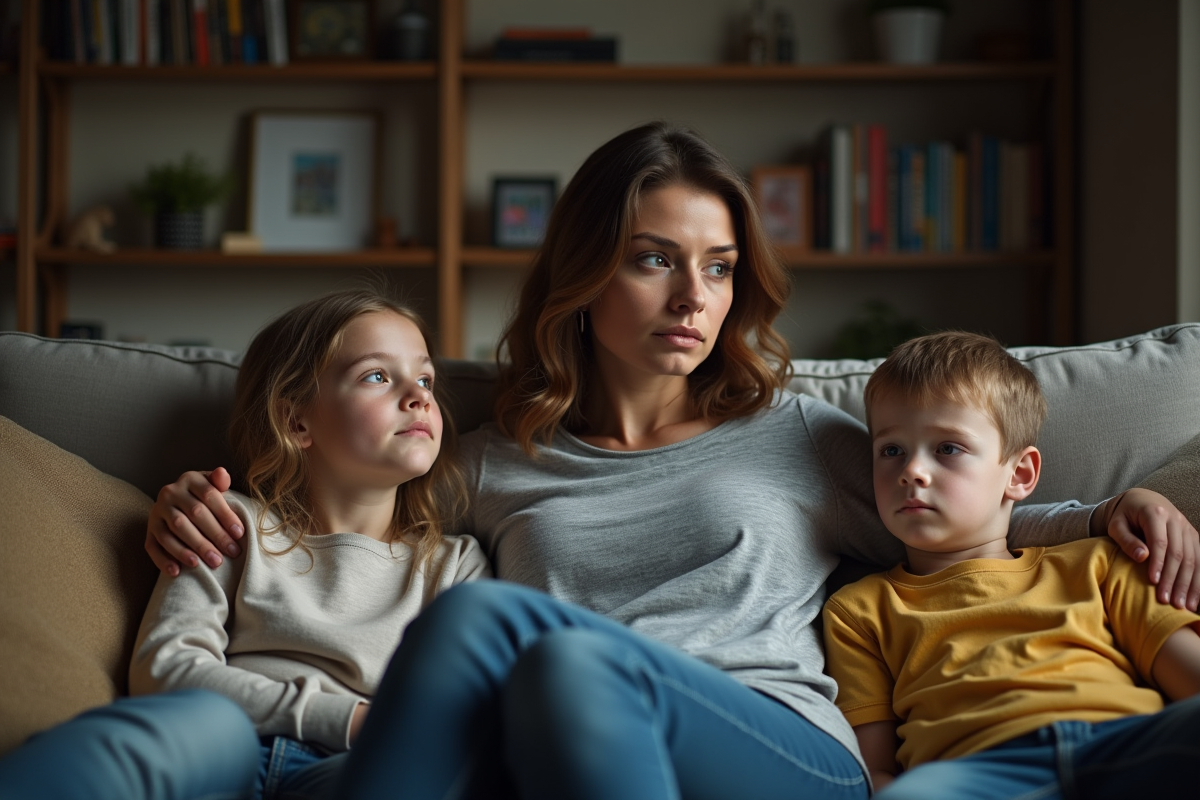 Mère avec deux enfants dans le salon familial