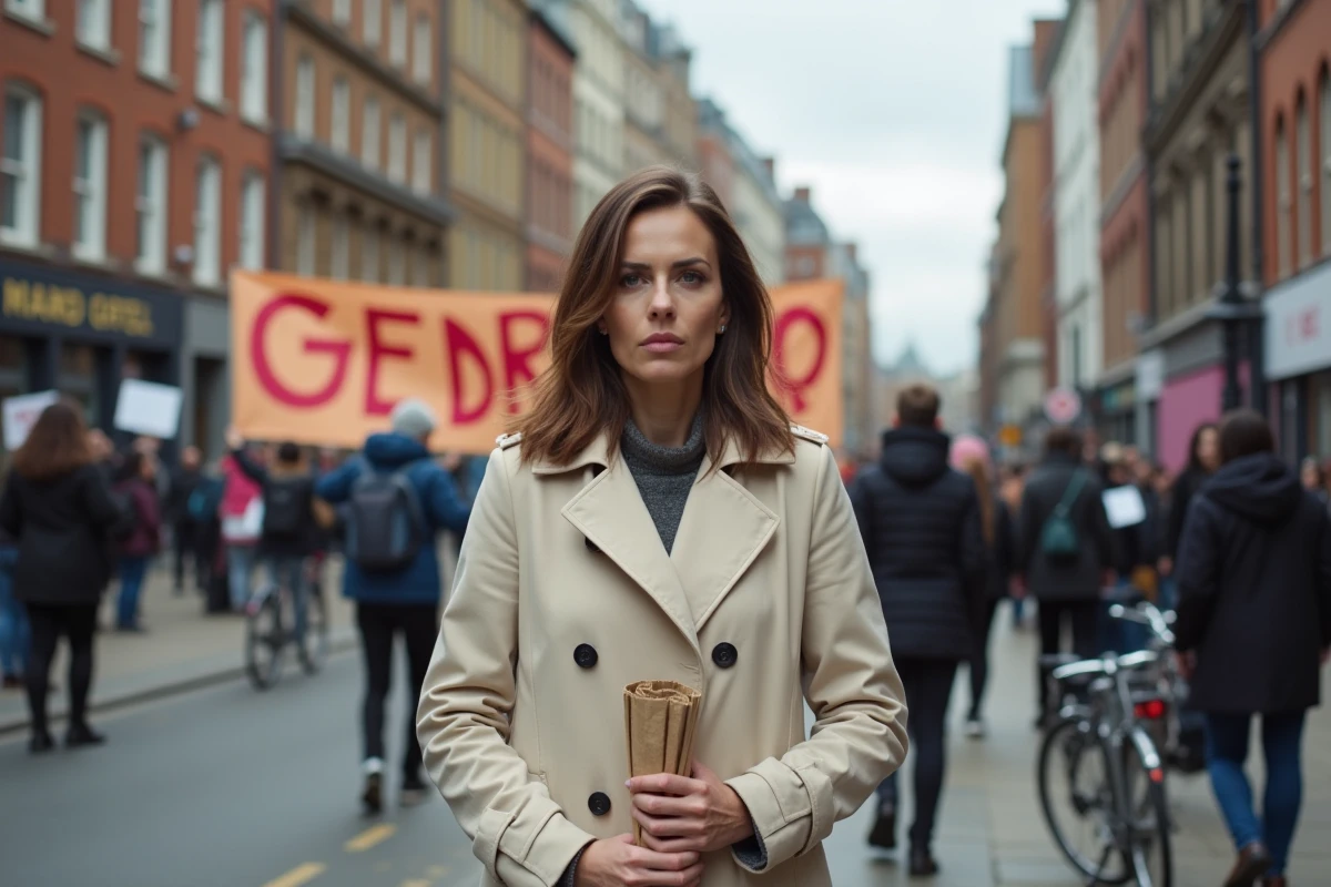 Femme engagée tenant une pancarte lors d'une manifestation pour l'égalité des sexes en milieu urbain