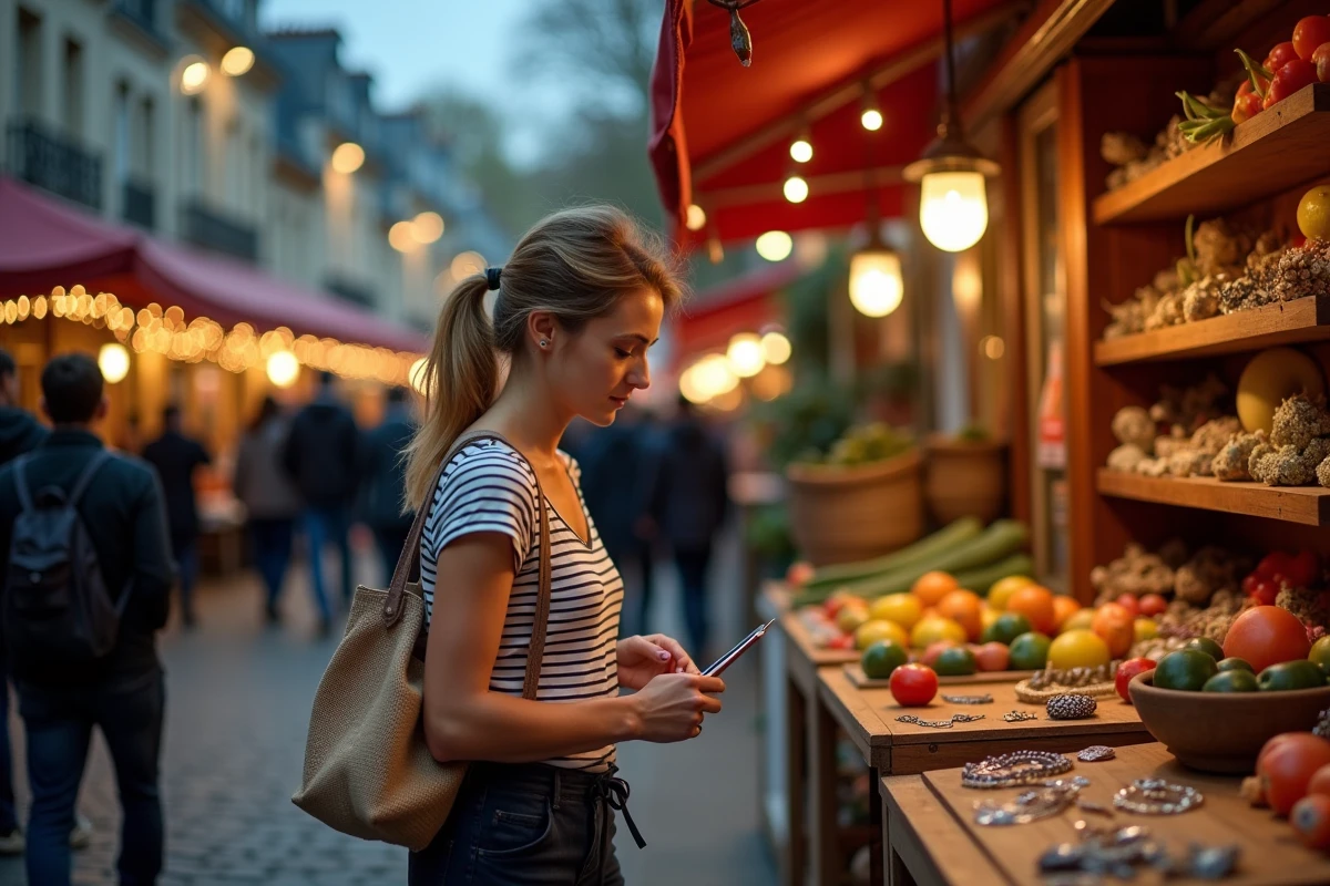 Femme explorant un marché nocturne dans le Marais à Paris pour une activité soir pas chère