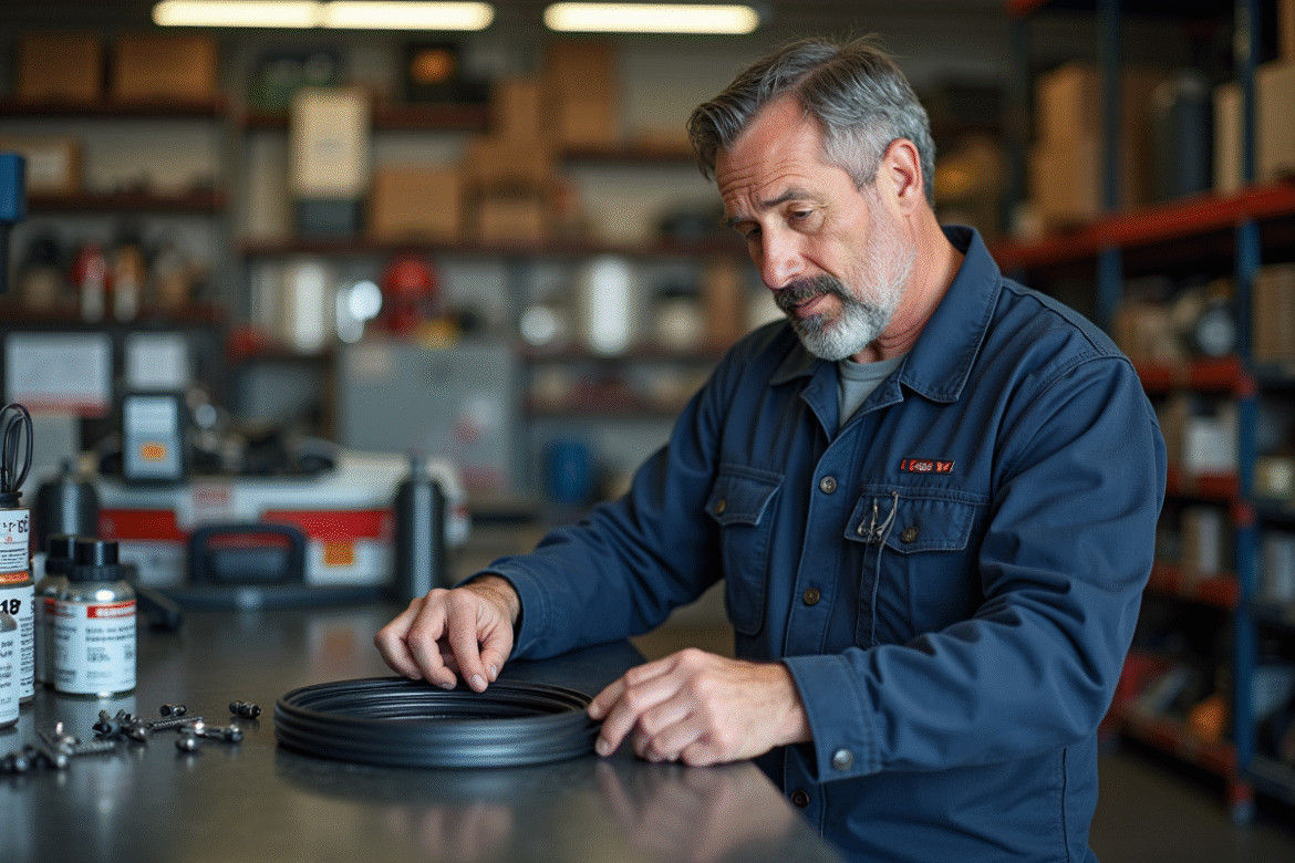 Mécanicien homme en overalls examine une courroie auto