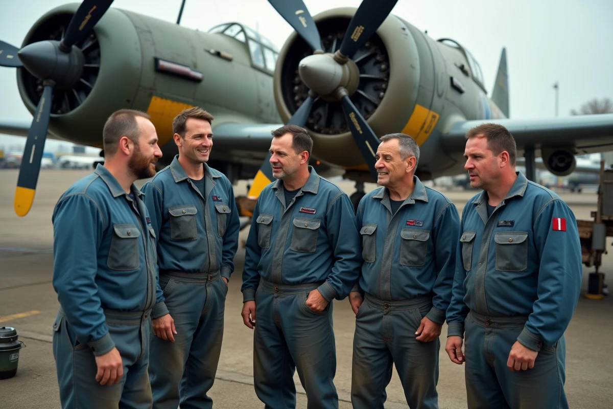 Mecaniciens en train de réparer un Bf 109 G sur l’aérodrome