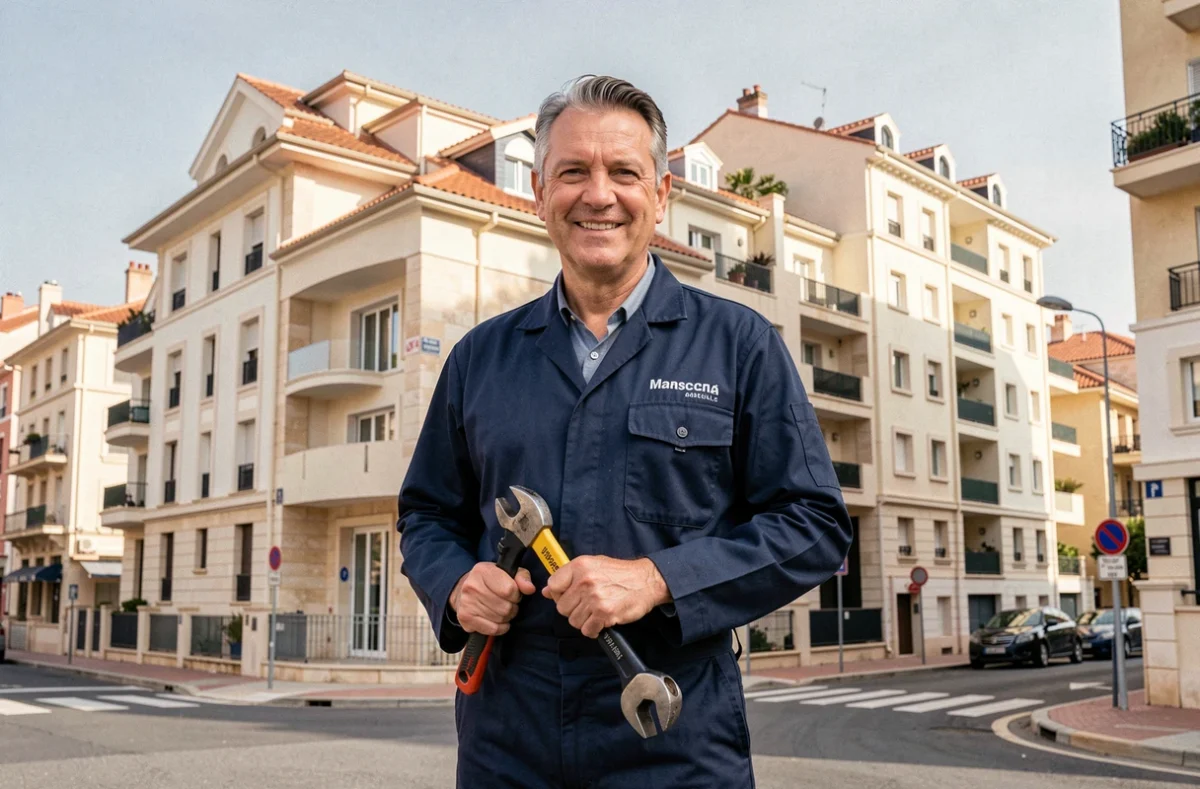 Chauffagiste professionnel devant un immeuble marseillais, représentant les meilleurs chauffagistes de Marseille