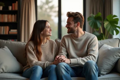 Jeune femme et homme assis sur un canapé partageant un moment intime