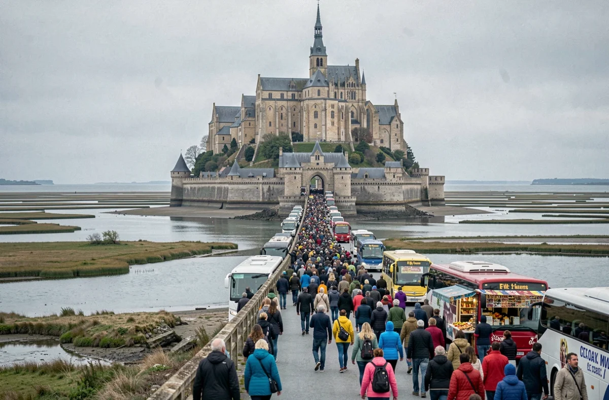 Le Mont-Saint-Michel avec foule de touristes sur la digue et l'abbaye en arrière-plan, illustrant la distorsion statistique due au tourisme