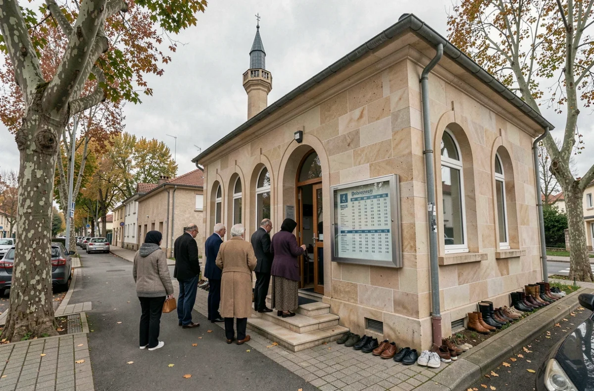 Entrée d'une mosquée de Neuilly-sur-Marne avec affichage des horaires de prières