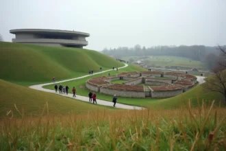 Vue panoramique du MuséoParc Alésia en Bourgogne avec le musée circulaire de Tschumi et les reconstitutions de fortifications gauloises sur la colline
