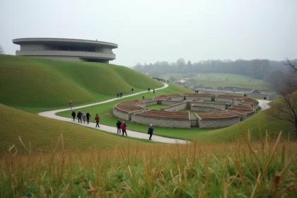 Vue panoramique du MuséoParc Alésia en Bourgogne avec le musée circulaire de Tschumi et les reconstitutions de fortifications gauloises sur la colline