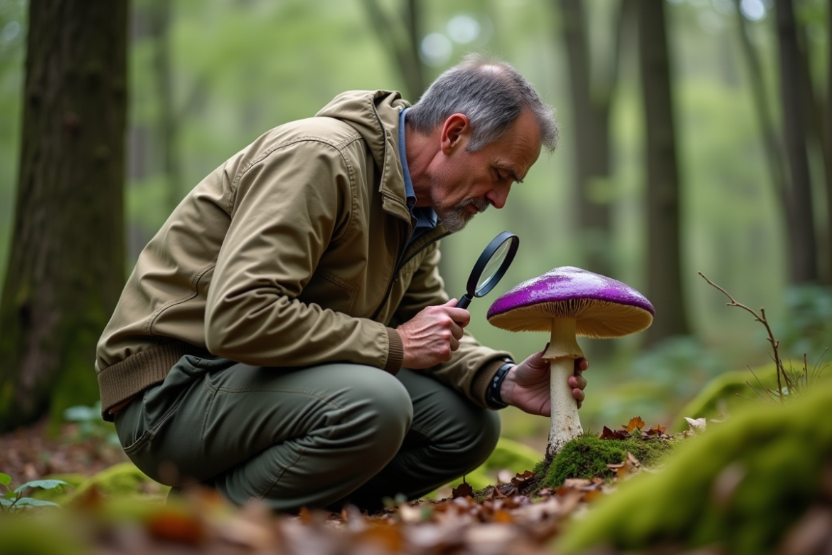 Mycologue examinant un champignon violet en forêt