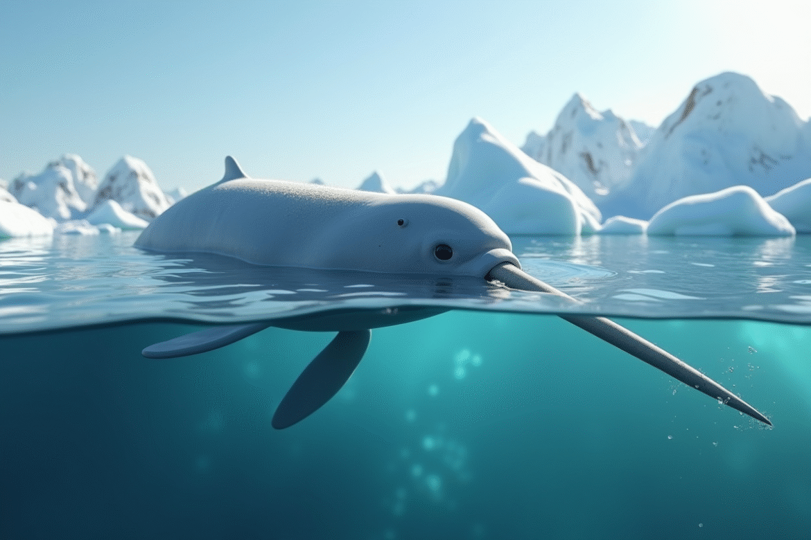 Narval nageant sous la glace arctique en pleine lumière