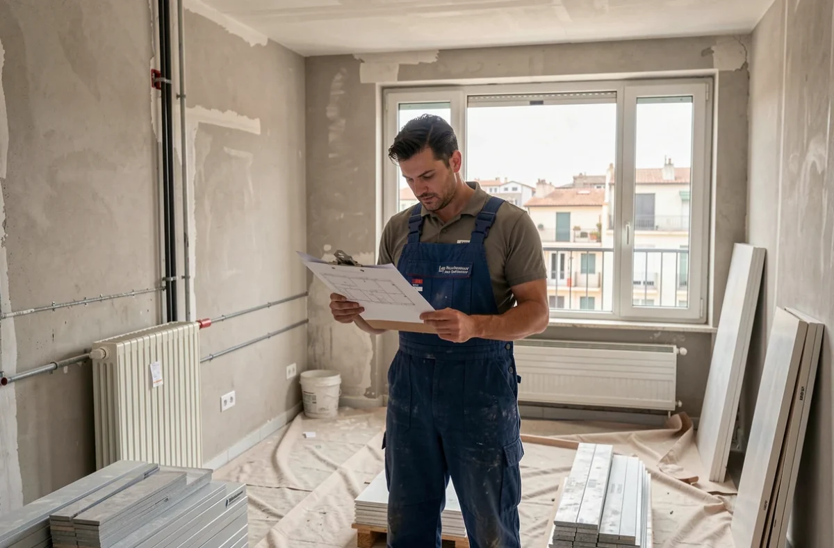 Technicien Les Nouveaux Pros Du Bâtiment sur un chantier de rénovation avec installation de chauffage dans un appartement marseillais