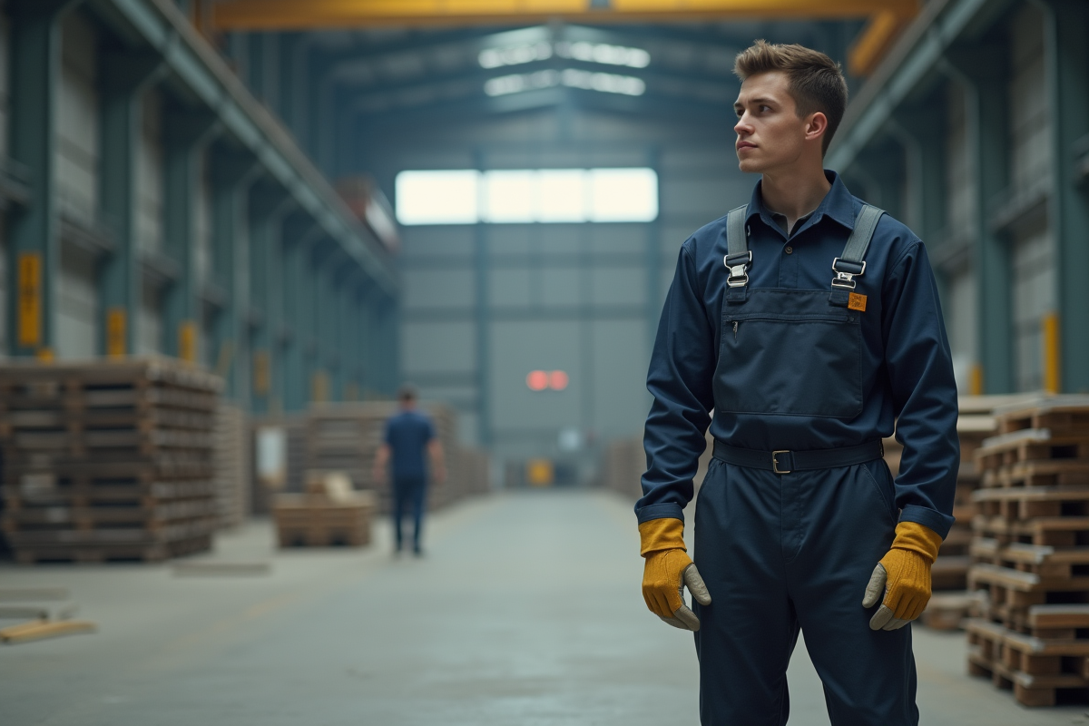 Jeune ouvrier dans une usine avec machines et matériaux