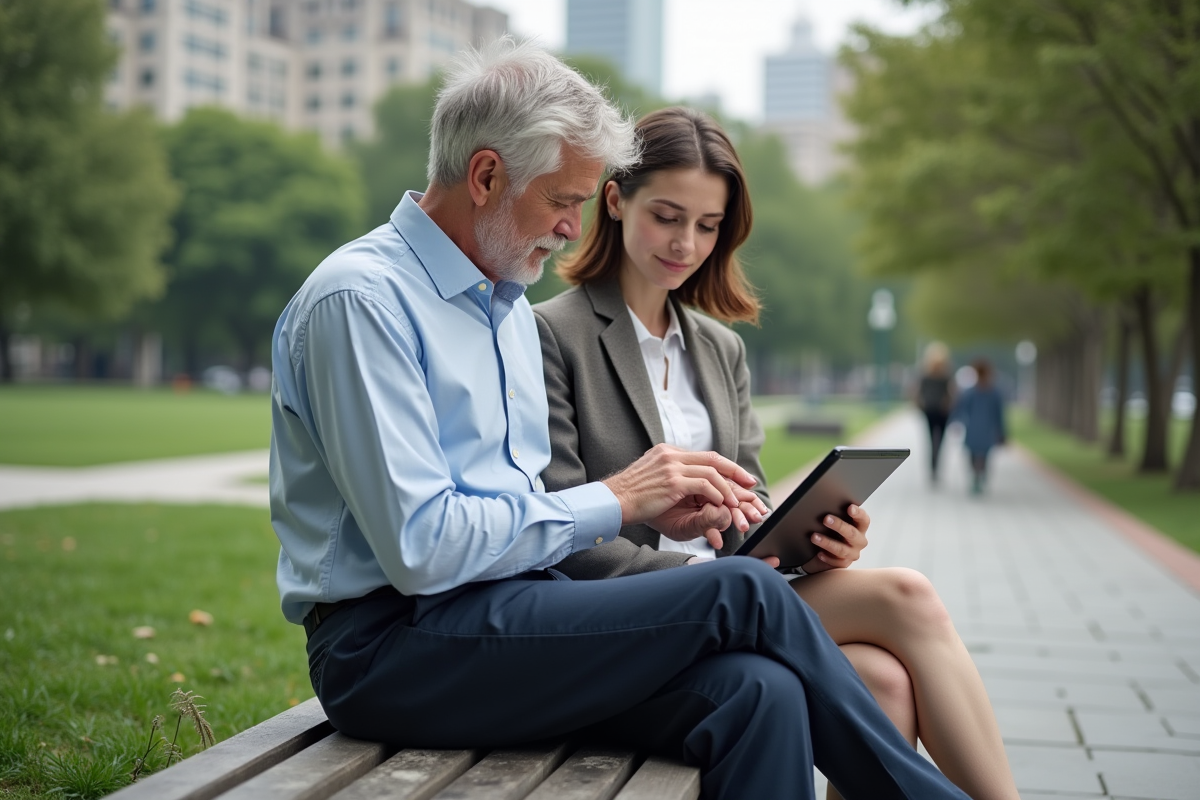 Père et fille discutant devant une tablette dans un parc