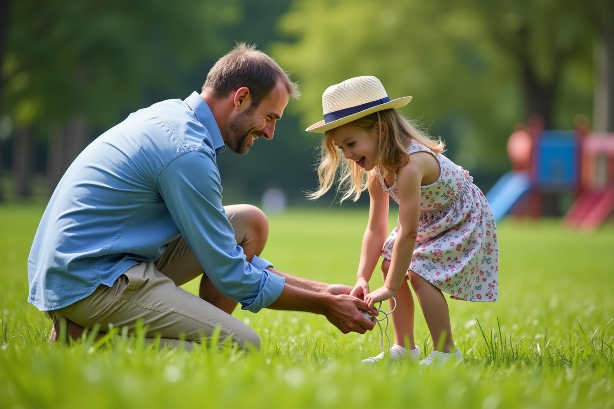 Père et fille attachent leurs chaussures dans un parc en plein air