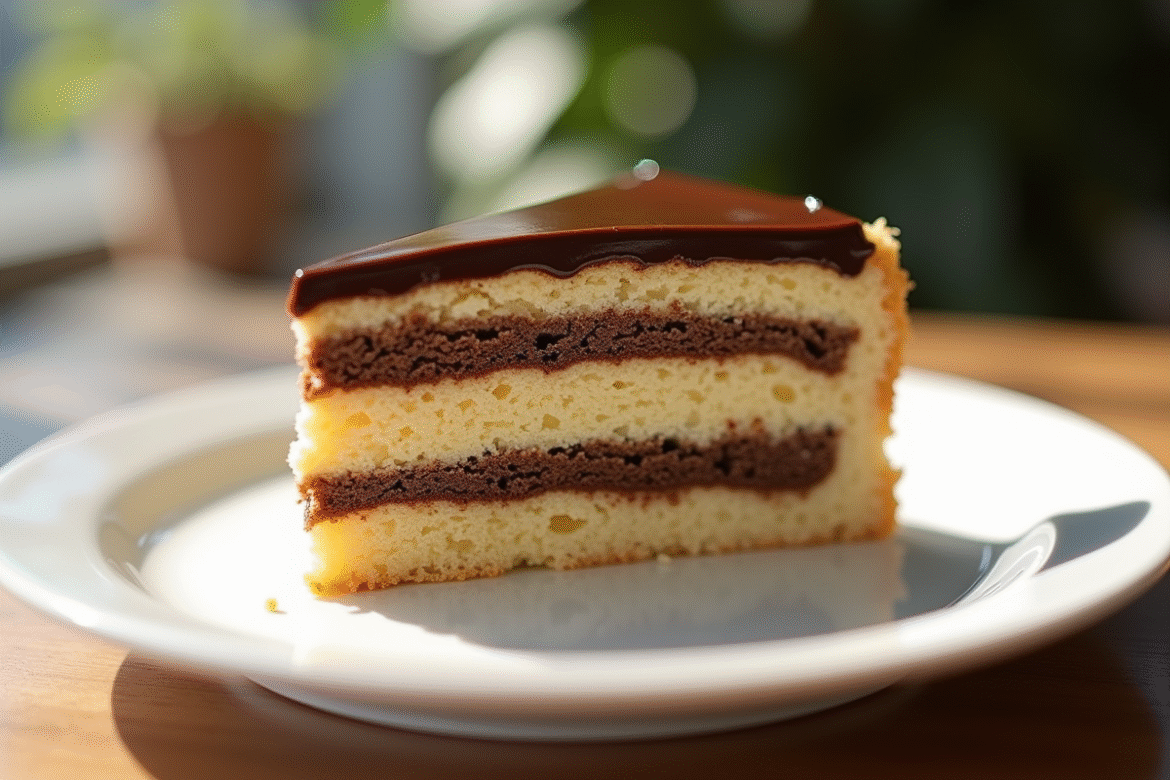 Tranche de gâteau opéra sur assiette blanche en gros plan