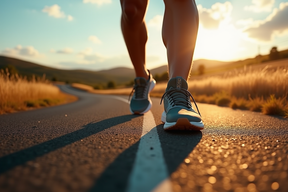 Zoom sur des sneakers en marche sur une route de campagne