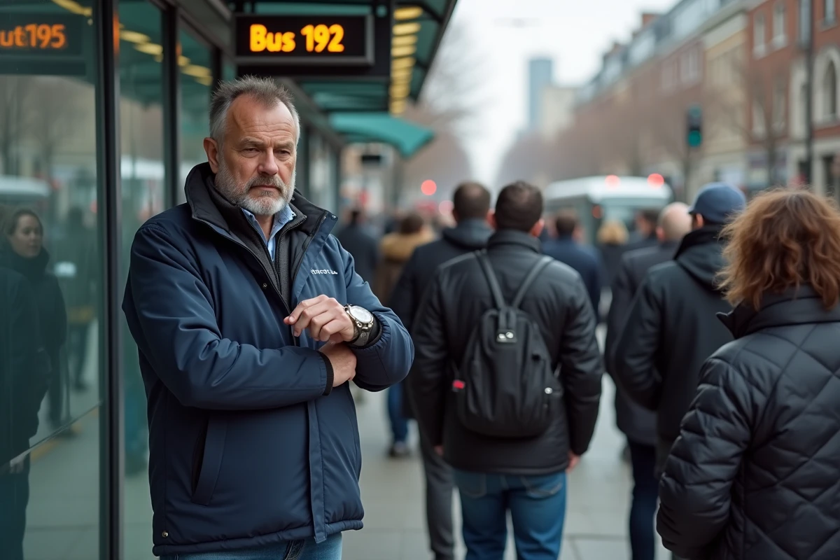 Homme d'âge moyen vérifiant sa montre à un arrêt de bus urbain