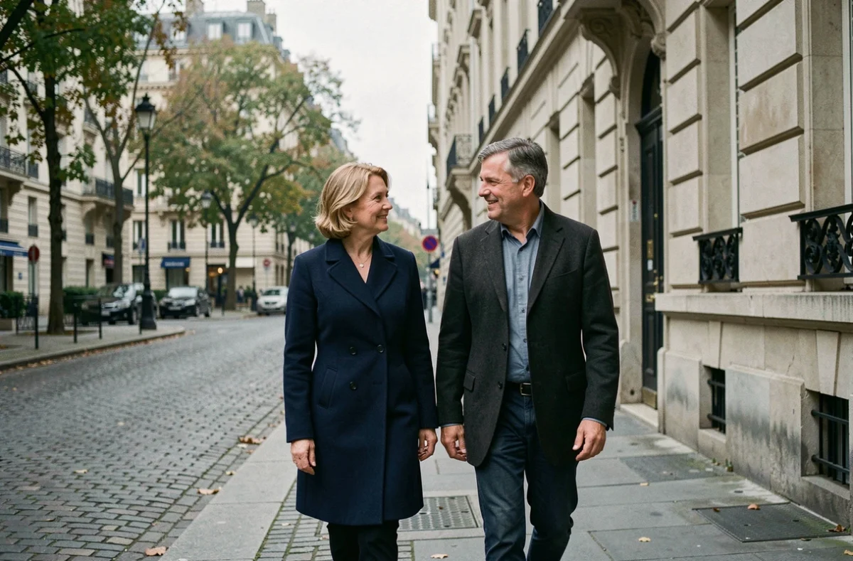 Deux personnalités publiques marchant ensemble dans une rue pavée parisienne lors d'une rencontre discrète