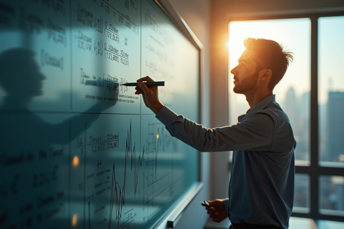 Personne écrivant des formules mathématiques et graphiques
