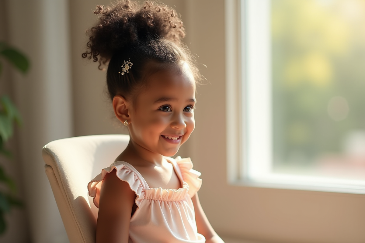 Petite fille aux cheveux bouclés en chignon décoré de perles