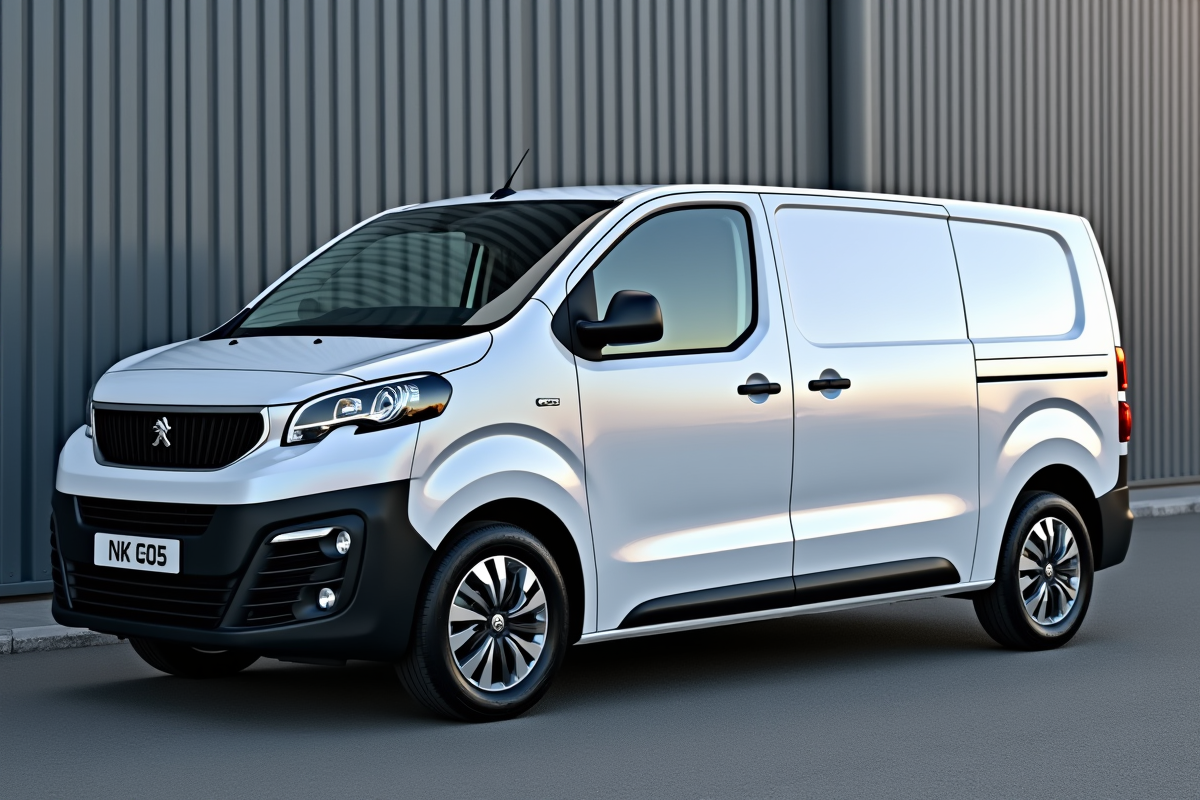 Véhicule Peugeot Expert vu de côté devant un bâtiment industriel