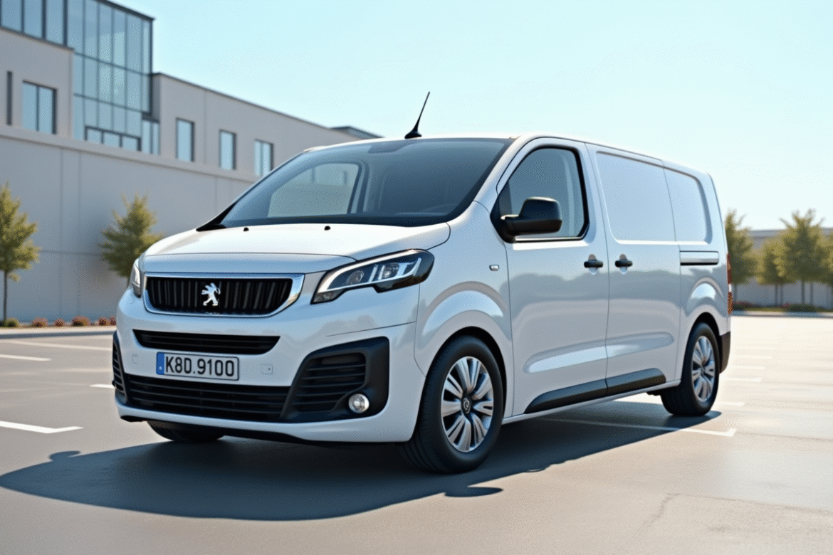 Véhicule Peugeot Expert blanc dans un parking vide en plein soleil