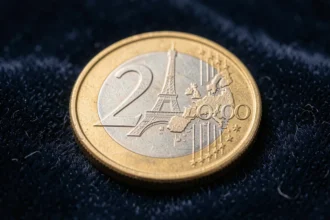 Pièce de 2 euros commémorative JO 2026 avec motif Tour Eiffel posée sur velours bleu marine