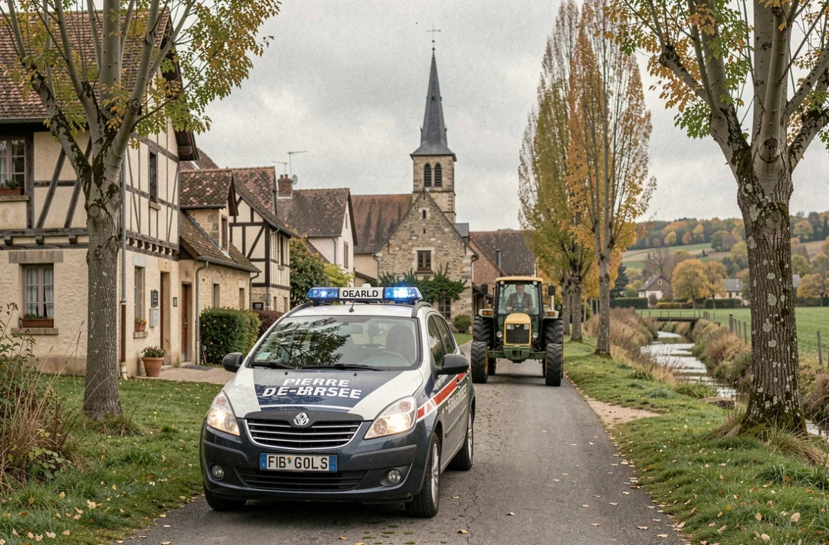Ruelle calme de Pierre-de-Bresse en Saône-et-Loire avec voiture de gendarmerie et fermes bourguignonnes, illustrant l'inattendu rural du classement