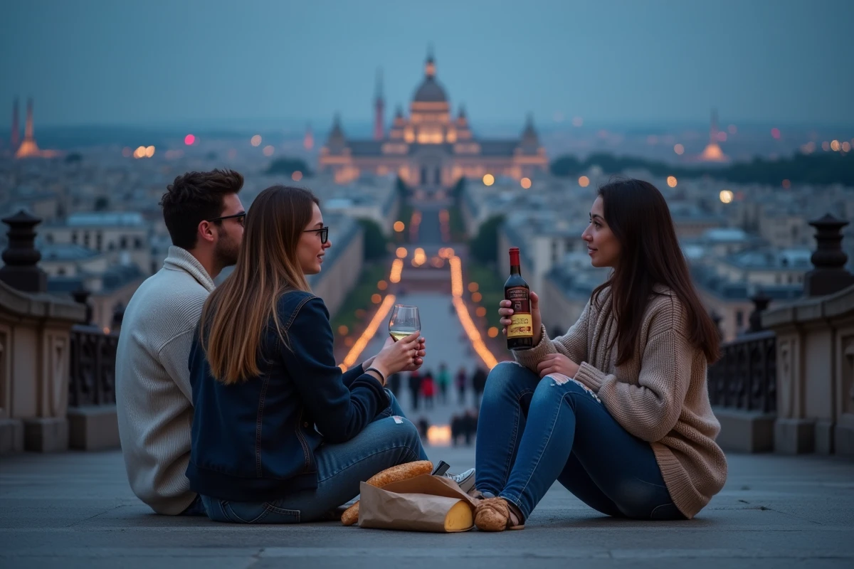 Groupe d'amis pique-niquant sur les marches de Montmartre à Paris pour une soirée économique