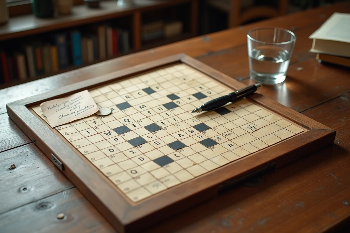 Vue du dessus d'un plateau de mots croisés vintage avec un stylo et des notes posés sur une table en bois
