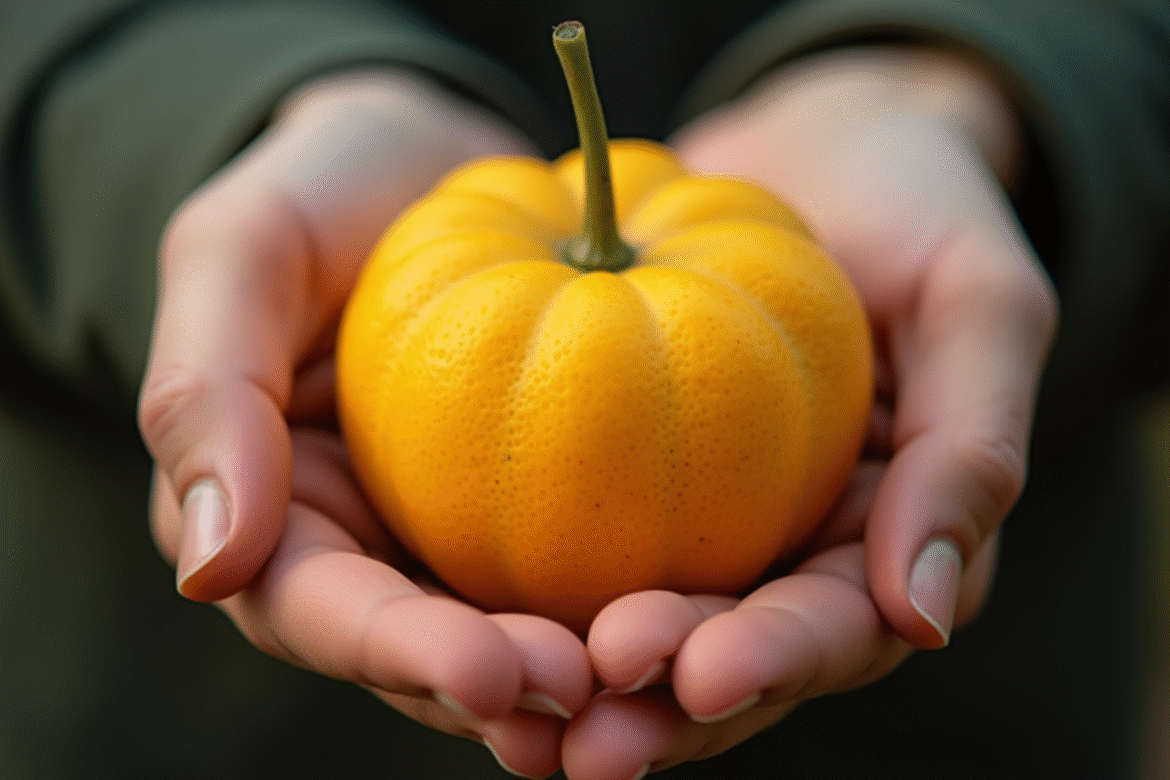 Pomme fraîche tenue dans la paume en lumière naturelle