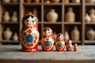 Ensemble de cinq poupées russes matriochkas traditionnelles peintes à la main, alignées sur une table en bois usé dans un atelier artisanal