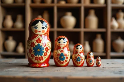 Ensemble de cinq poupées russes matriochkas traditionnelles peintes à la main, alignées sur une table en bois usé dans un atelier artisanal