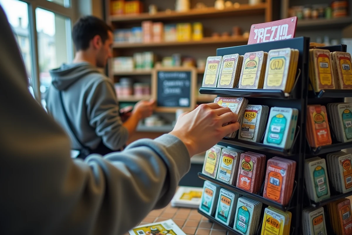 Présentoir de tickets de loterie dans un bureau de tabac ouvert le dimanche en France