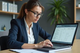 Professionnelle consultant le portail ProDouane sur son ordinateur portable dans un bureau moderne pour optimiser les droits de douane à l'import