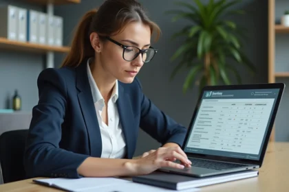 Professionnelle consultant le portail ProDouane sur son ordinateur portable dans un bureau moderne pour optimiser les droits de douane à l'import