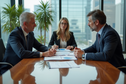 Groupe de professionnels en réunion immobiliere en entreprise