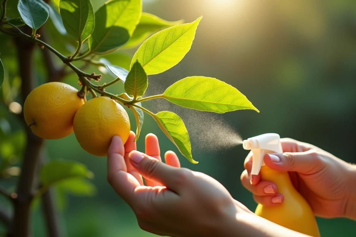 Mains pulvérisant un traitement naturel sur une feuille de citronnier