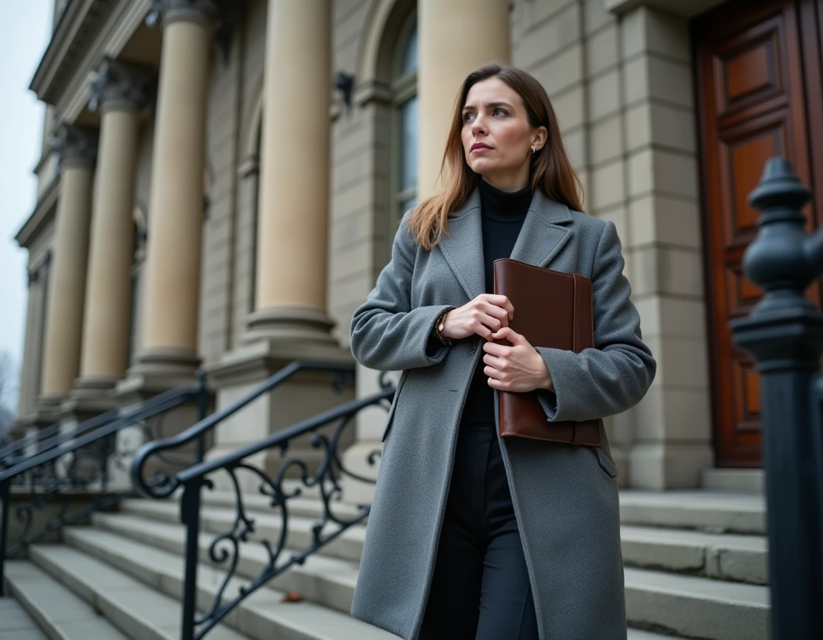Femme devant un bâtiment institutionnel avec un portfolio, symbolisant l'engagement civique et le parcours de Rachel Garrat-Valcarcel