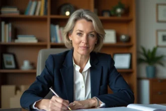 Femme engagée consultant des documents dans un bureau, illustrant le parcours professionnel de Rachel Garrat-Valcarcel