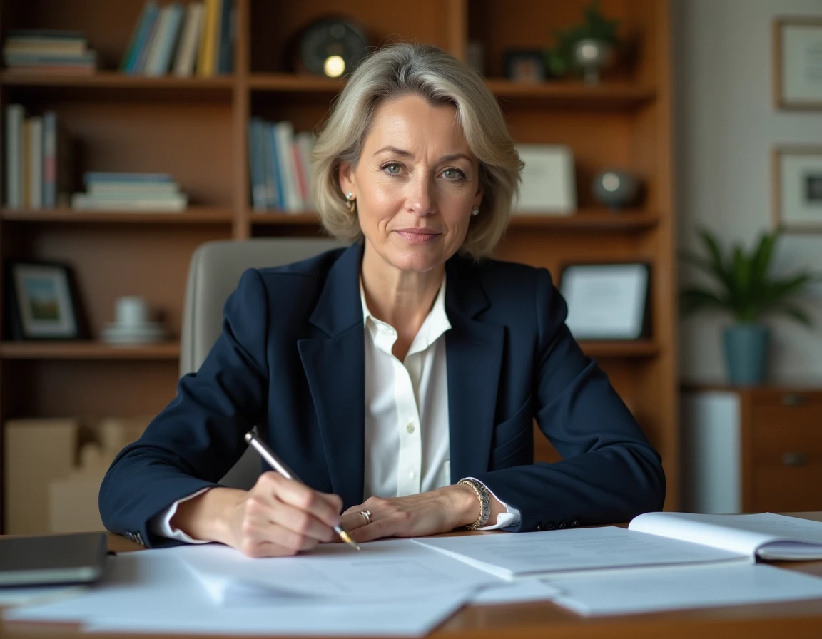 Femme engagée consultant des documents dans un bureau, illustrant le parcours professionnel de Rachel Garrat-Valcarcel