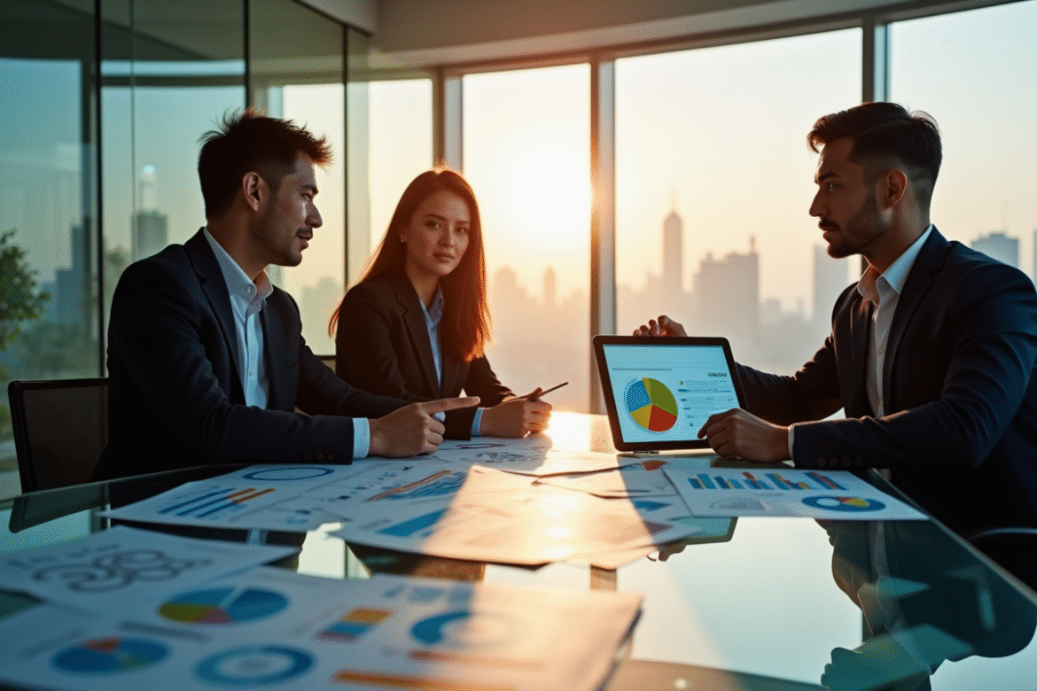 Trois professionnels en réunion dans un bureau moderne avec graphiques financiers