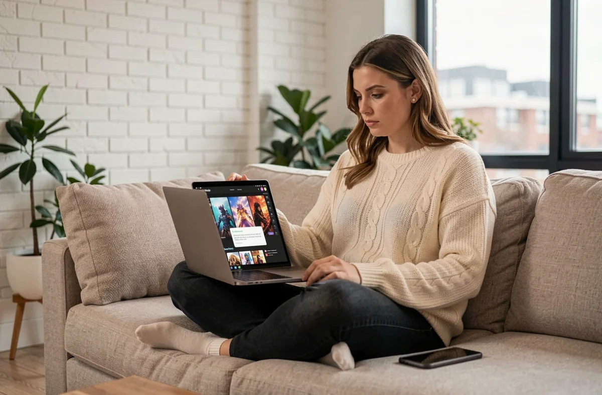 Femme vérifiant la sécurité d'un site de streaming anime comme Adkimi sur son ordinateur portable dans un salon moderne