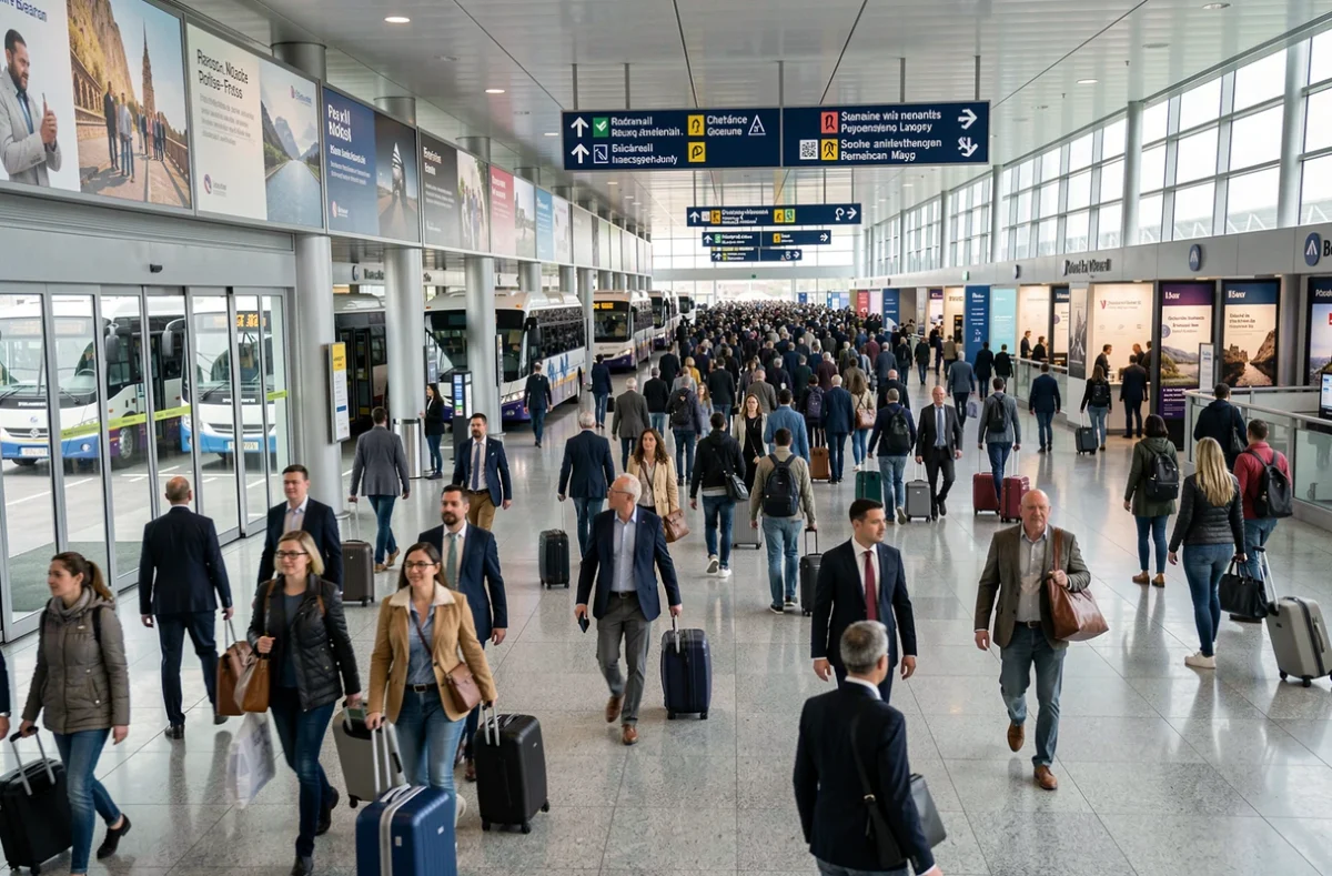 Foule de voyageurs internationaux dans un hub de transit près de Roissy-en-France, illustrant le biais des populations de passage