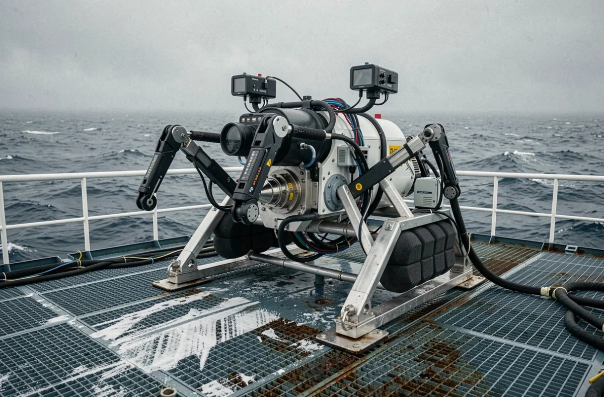 Robot sous-marin téléopéré (ROV) sur le pont d'un navire de recherche océanographique avant sa plongée dans la fosse Challenger