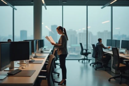 Femme salariée travaillant seule dans un bureau vide un jour férié, illustrant les droits des travailleurs le dimanche et les jours fériés en 2026