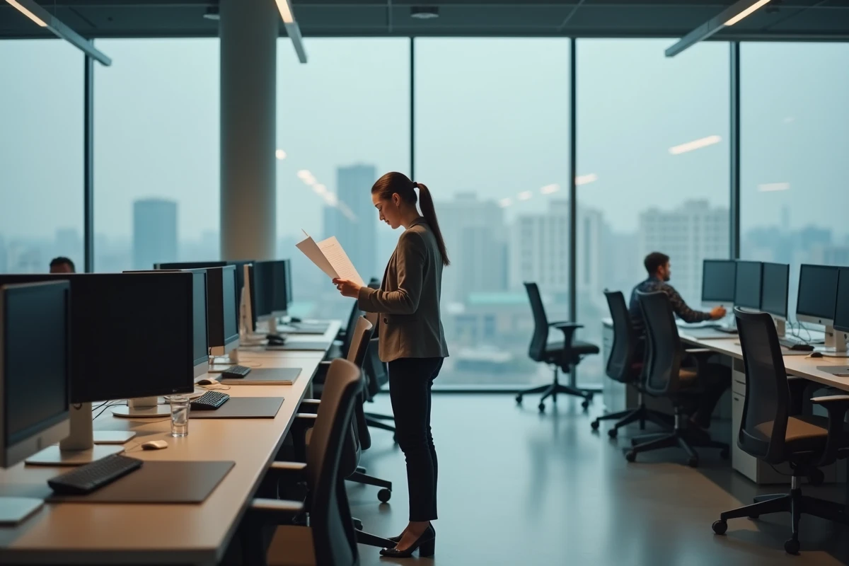 Femme salariée travaillant seule dans un bureau vide un jour férié, illustrant les droits des travailleurs le dimanche et les jours fériés en 2026