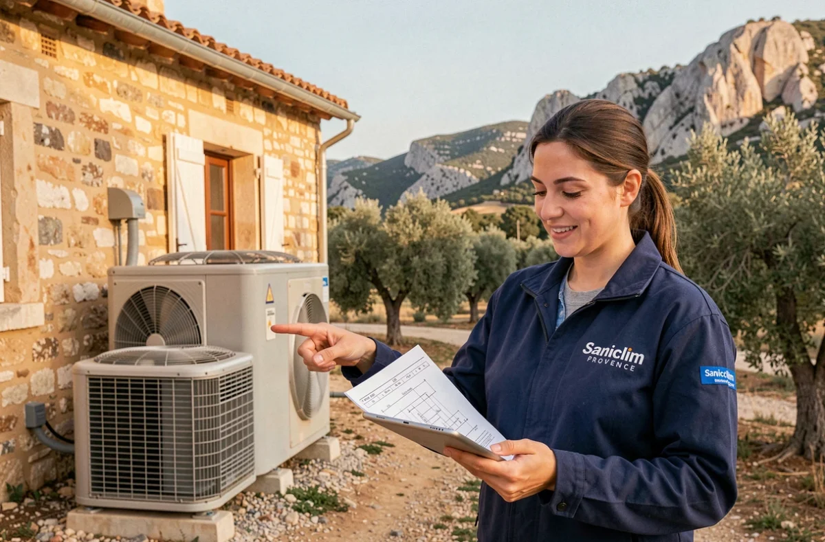 Technicienne Saniclim Provence consultant un plan technique devant une maison provençale avec une pompe à chaleur