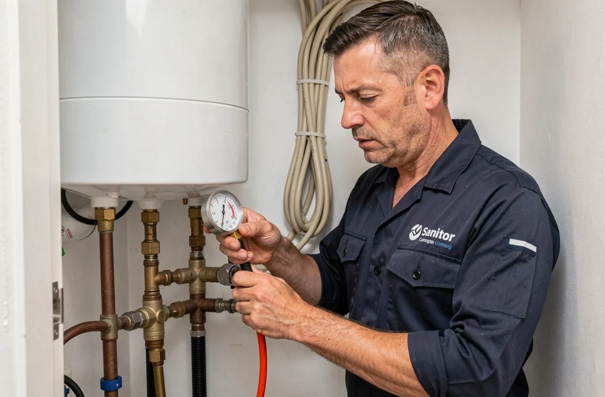 Technicien Sanitor vérifiant une installation de chauffe-eau dans un appartement marseillais